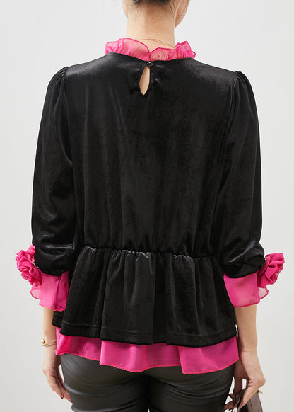 Diy Black Ruffled Patchwork Silk Velour Blouses Spring