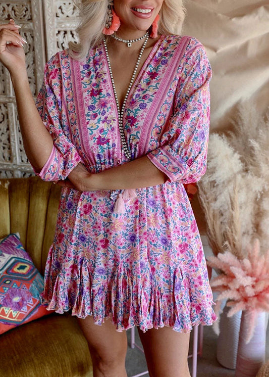 Pink Asymmetrical Design Print Backless Outfit Mid Dress Half Sleeve