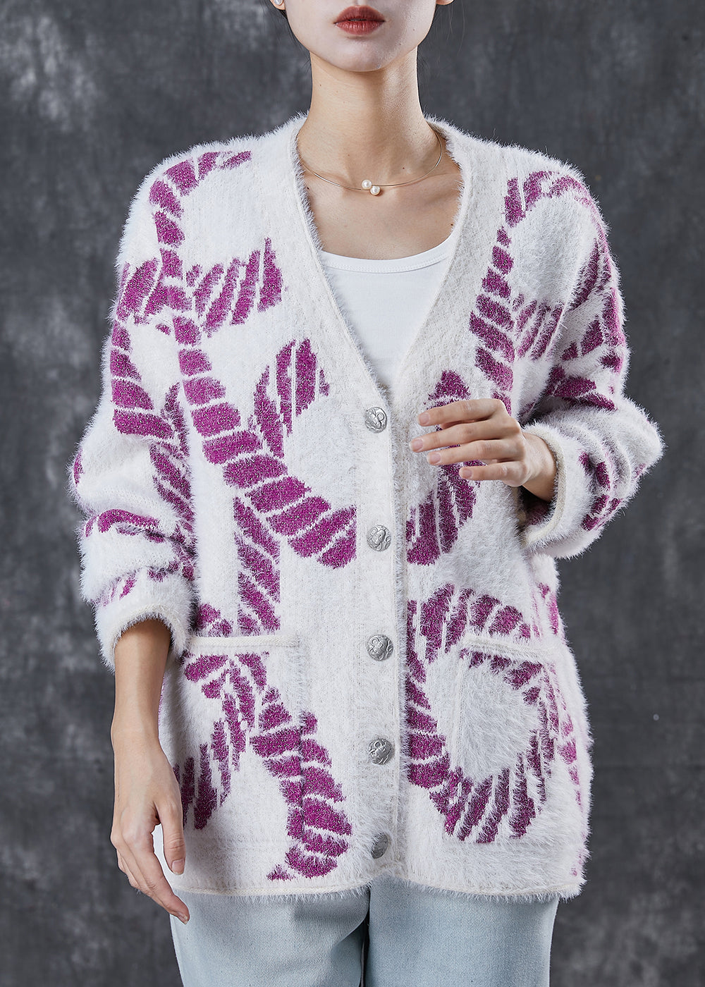 Purple Print Knit Loose Coat V Neck Pockets Spring
