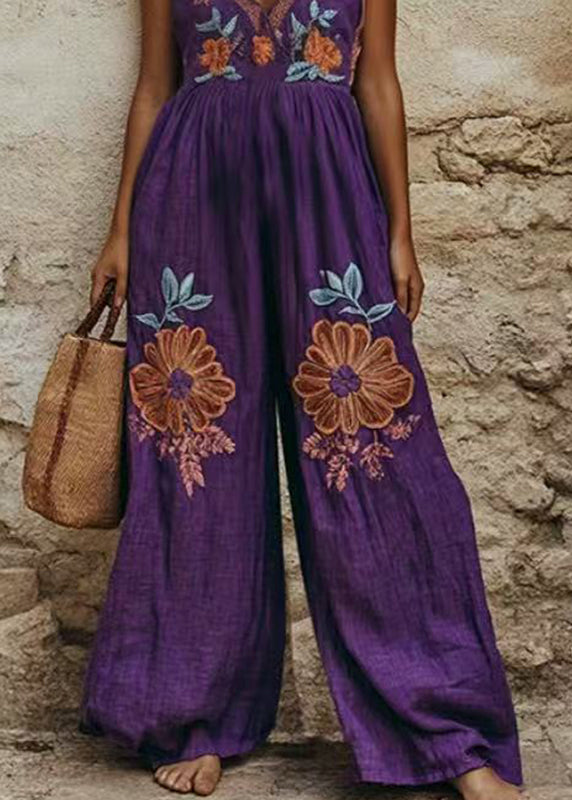 Purple Print Wrinkled Wide Leg Jumpsuit Summer