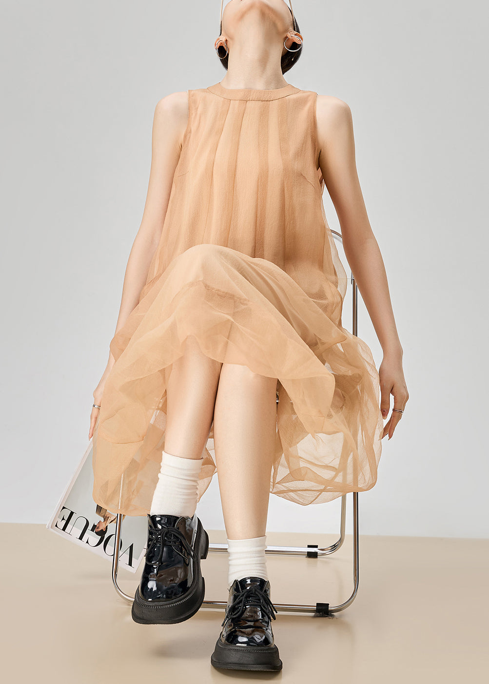 Orange O Neck Zippered Pockets Tulle Long Dress Sleeveless