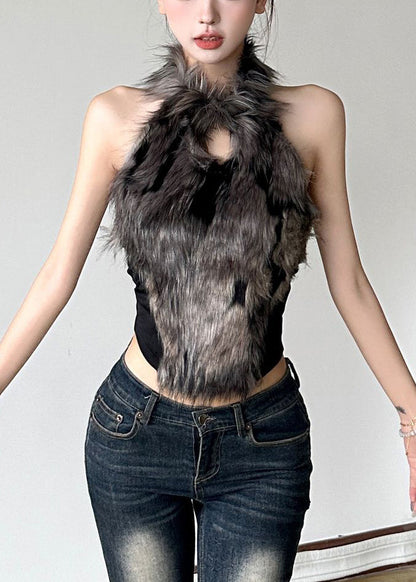 Black Hollow Out Fluffy Patchwork Tanks Sleeveless