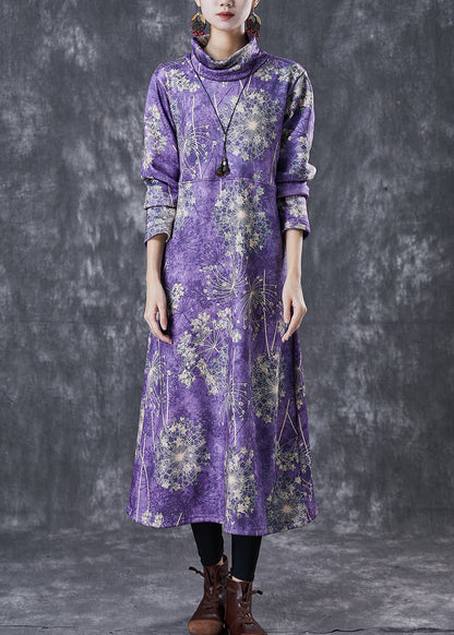 Purple Turtle Neck Print Warm Fleece Party Dress Winter