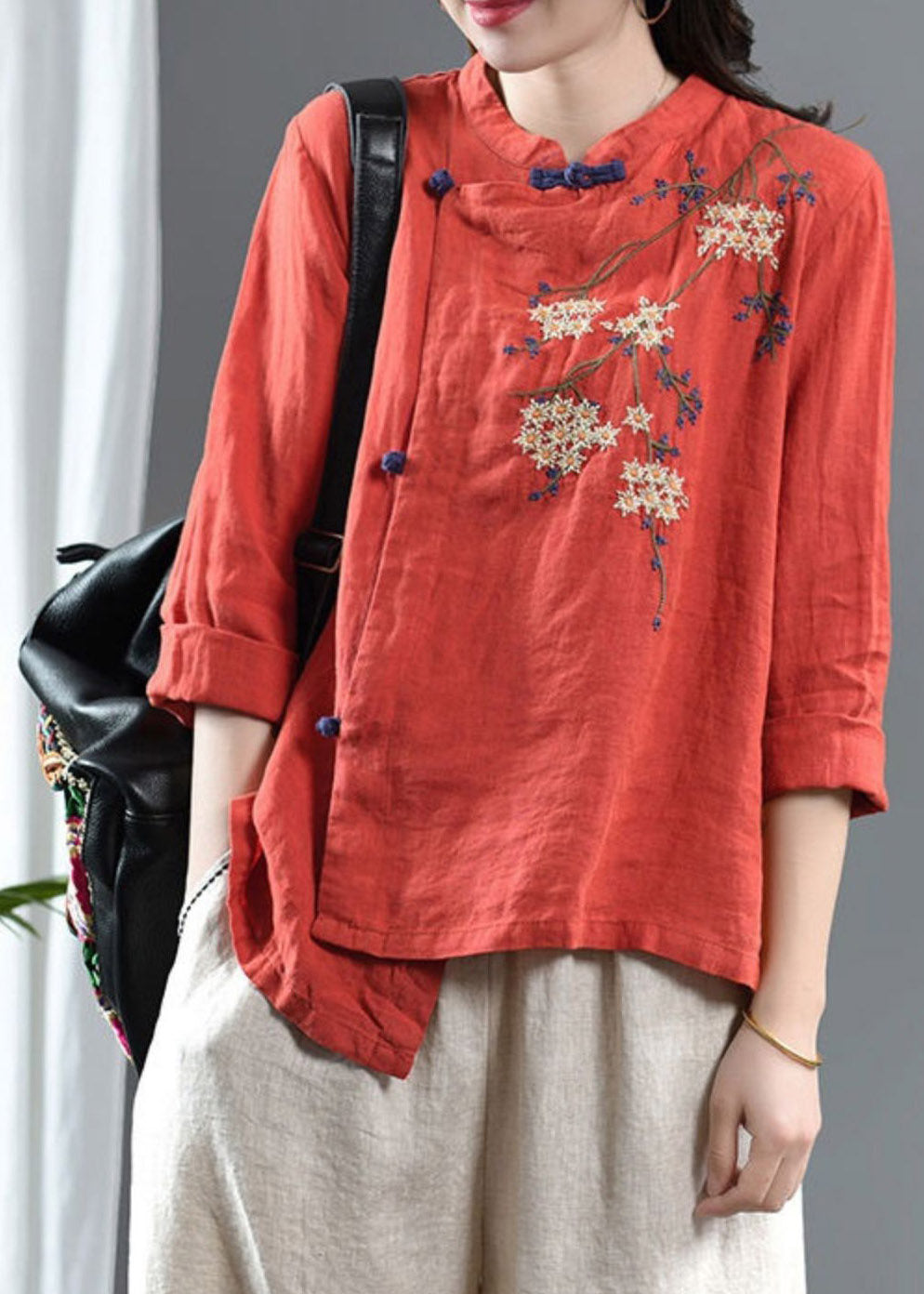 Orange O-neck Asymmetrical Design Button Embroideried Linen Top Long Sleeve