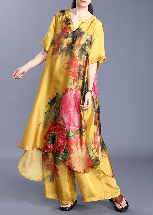 Yellow Print Silk Two Piece Set Asymmetrical Design Short Sleeve