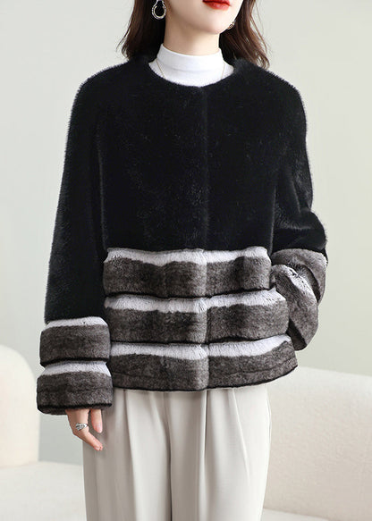 Striped Black O-neck Button Patchwork Leather and Fur Coat Winter