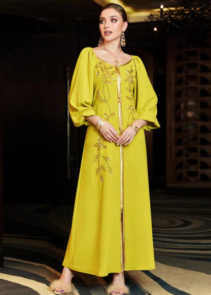 Diy Yellow Patchwork Beaded Light Silk Dress Fall