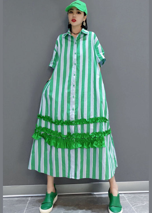 Natural Green Button Ruffled Striped Long Dress Spring
