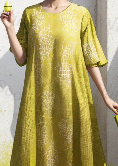Yellow Green O Neck Print Silk Dresses Summer