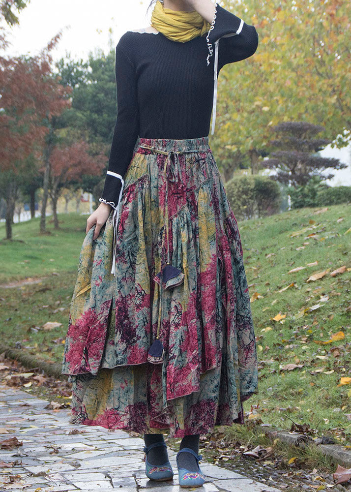 Print Wrinkled Asymmetrical Patchwork Cotton Skirts Fall