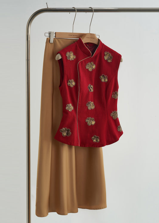 Handmade Mulberry Mandarin Collar Sequins Flower Cotton Vests Fall