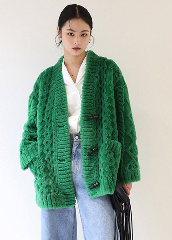 Green V Neck Thick Button Woolen Coats Winter