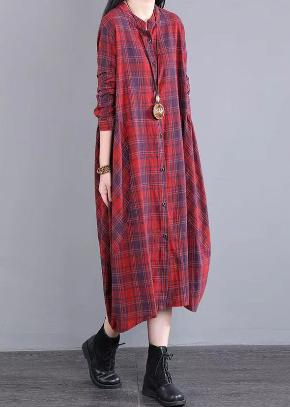 Red Stand Collar Plaid Cotton Shirts Dresses Fall