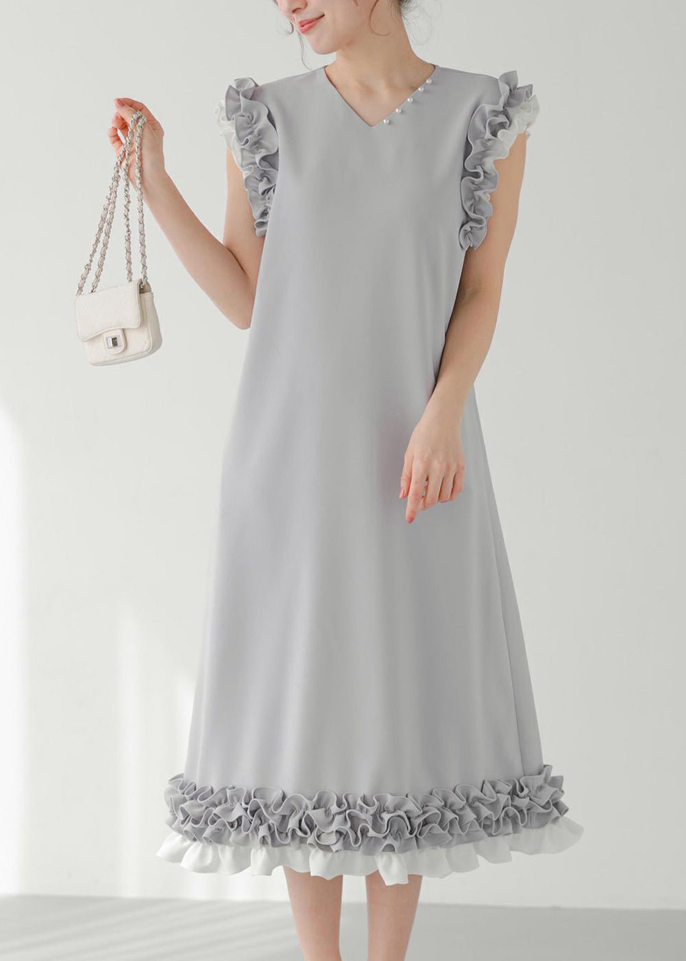 Grey Ruffled Patchwork Pearl Decorated Straight Dress Sleeveless