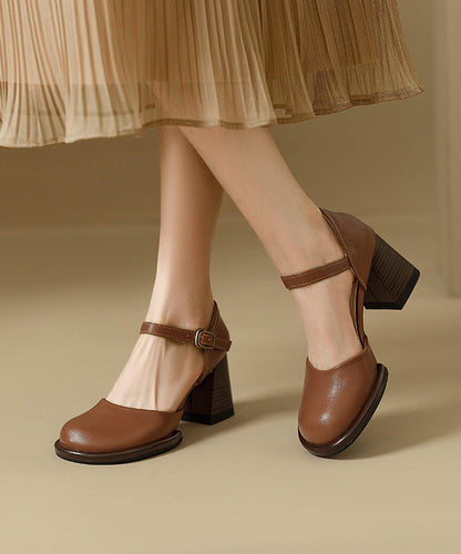 Beige Cowhide Leather Classy Splicing Chunky Heel Sandals