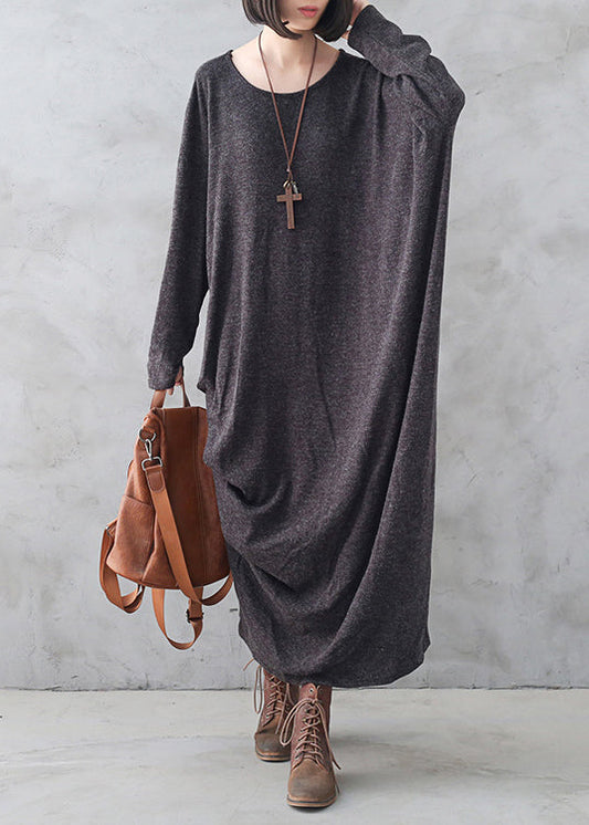 Dark Grey O-neck Asymmetrical Wool Knit Maxi Sweater Dress Fall