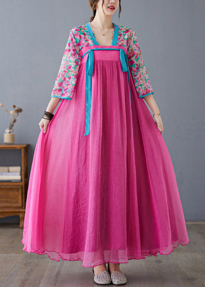 Rose Print Lace Up Patchwork Chiffon Exra Large Hem Dress Summer