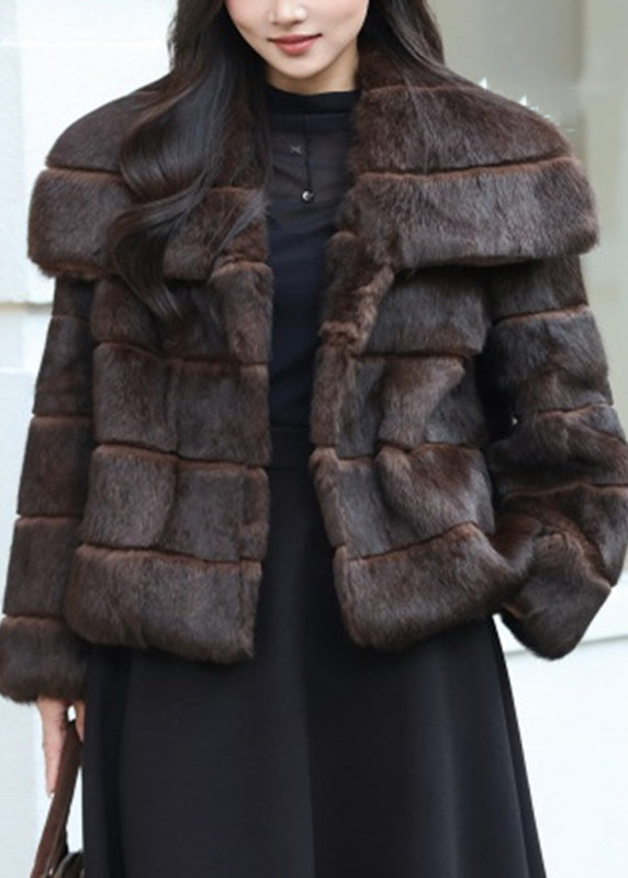 Classy Coffee Peter Pan Collar Plaid Leather and Fur Coat Winter