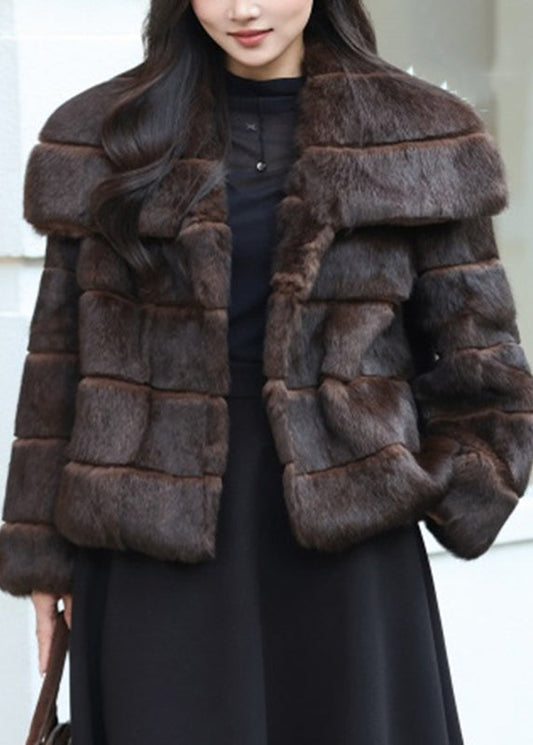 Classy Coffee Peter Pan Collar Plaid Leather and Fur Coat Winter