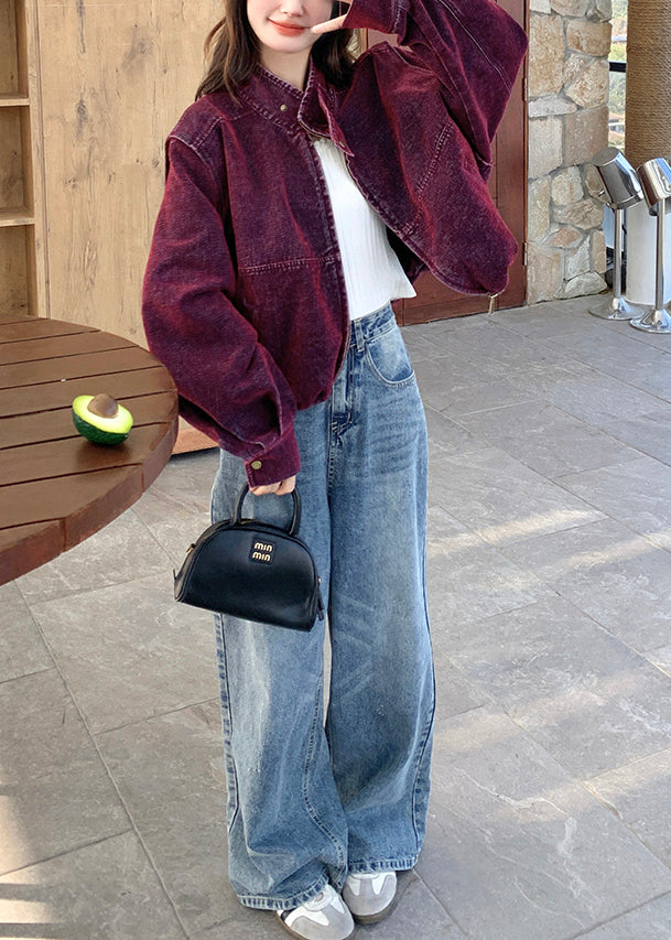 Purple Stand Collar Detachable Denim Jacket Spring