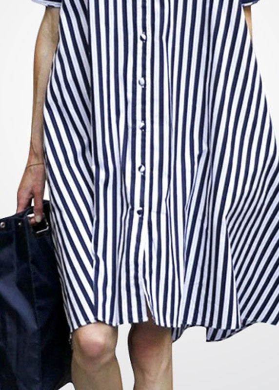 Blue Peter Pan Collar Striped Cotton Shirt Dress Short Sleeve