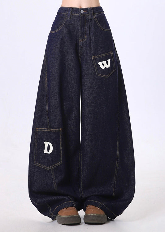 Navy Letter Print Denim Wide Leg Pants Spring