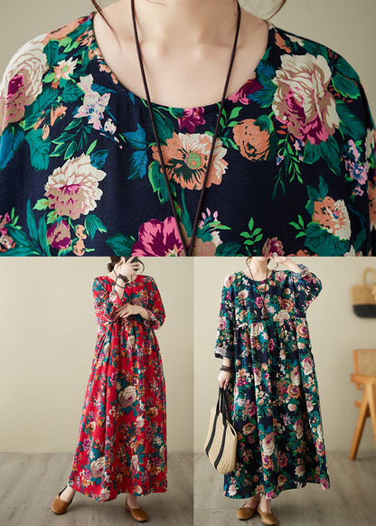 Retro Blue O-neck Print Pockets Long Dress Spring