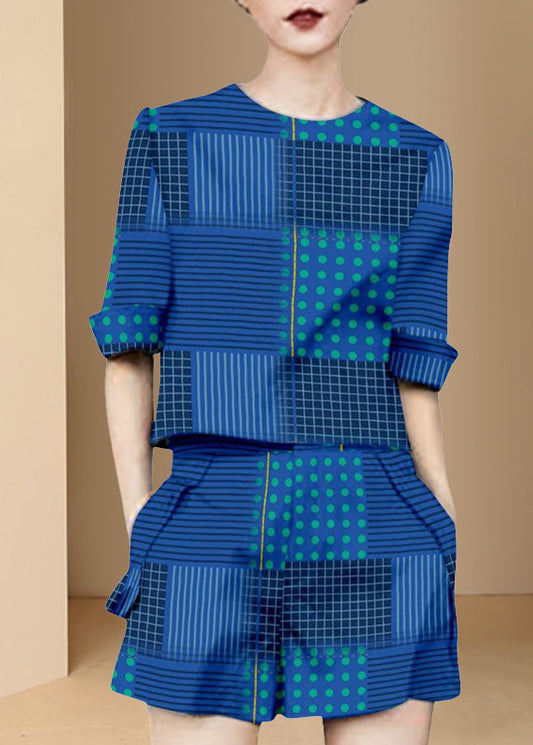 Original Design Blue O-neck Print Cotton Two Piece Set Clothing Summer
