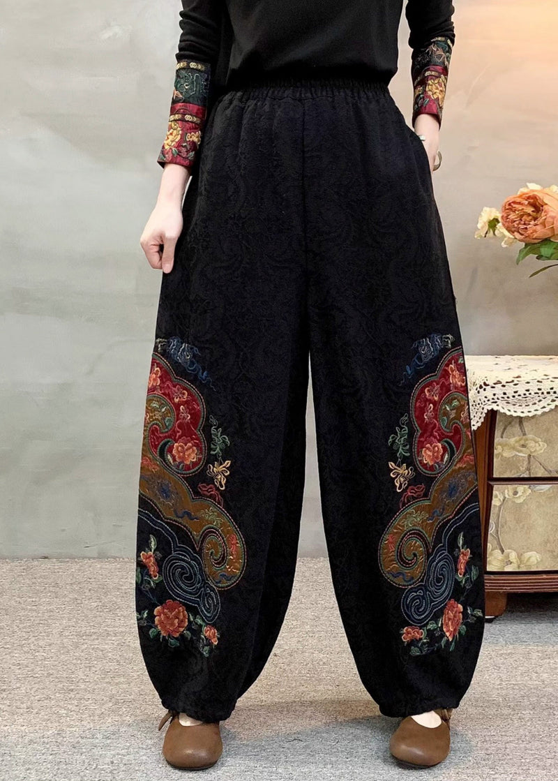 Black Embroidered Oversized Linen Pants Spring