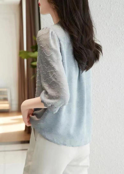 Light Blue V Neck Button Cotton Shirt Tops Half Sleeve
