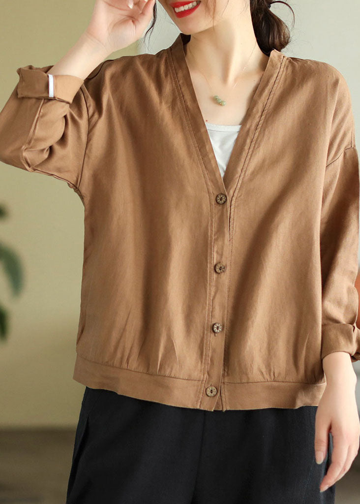 Khaki V Neck Button Linen Top Long Sleeve