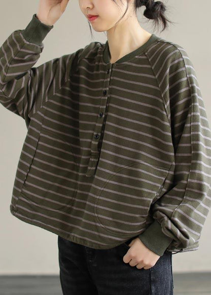 Green Striped Tops Blouses O Neck Clothing Spring Shirt