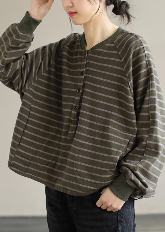Green Striped Tops Blouses O Neck Clothing Spring Shirt