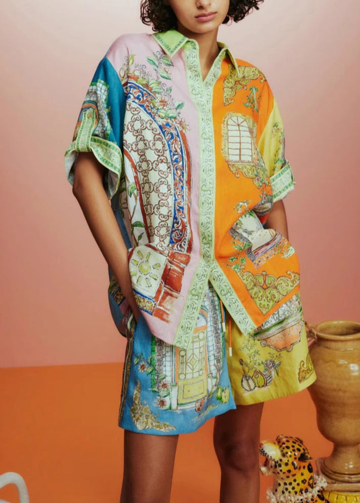 Colorblock Peter Pan Collar Print Cotton Two Pieces Set Half Sleeve