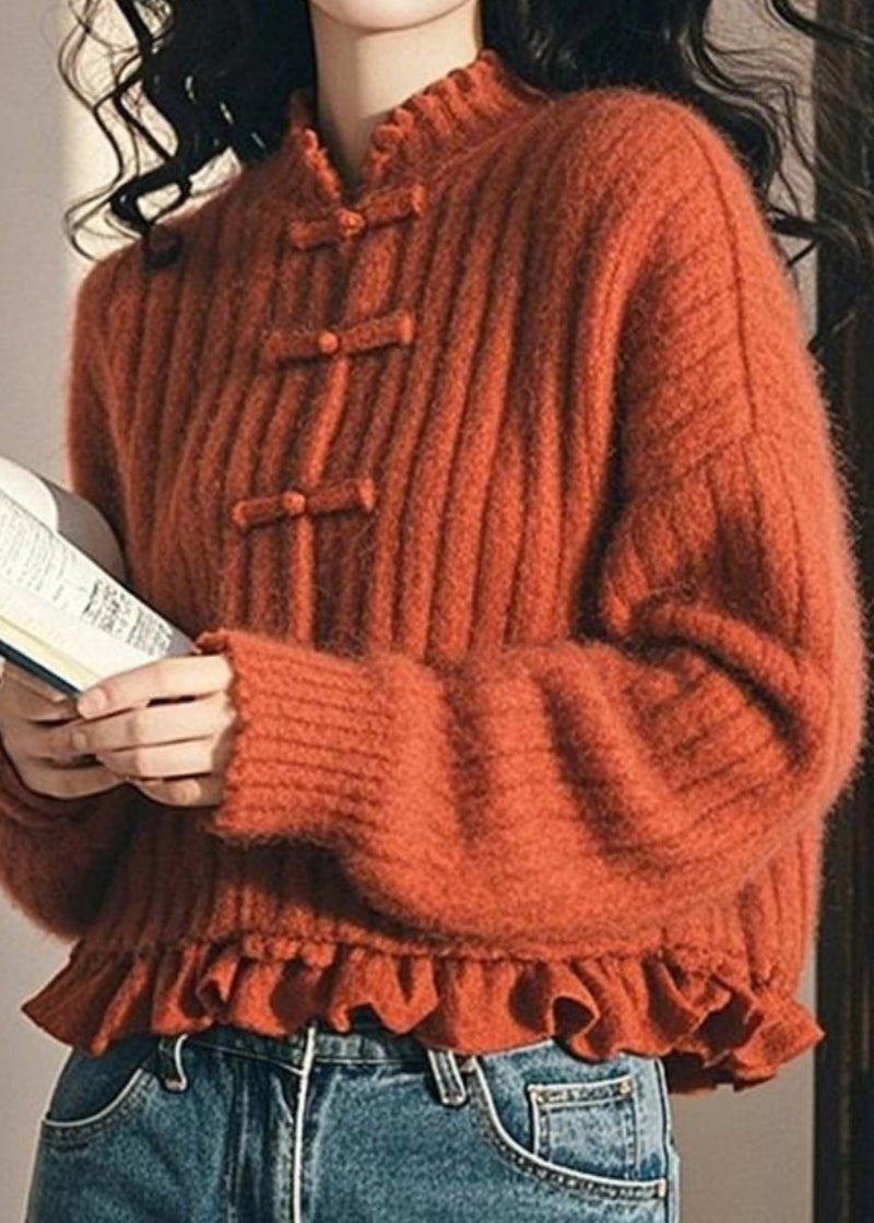 Orange Ruffled Button Cozy Cotton Knit Coat Fall