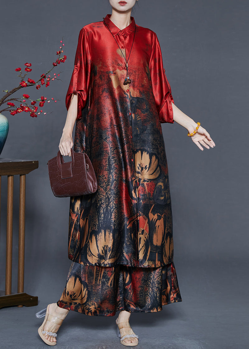 Red Oversized Print Silk Two Piece Set Outfits Fall