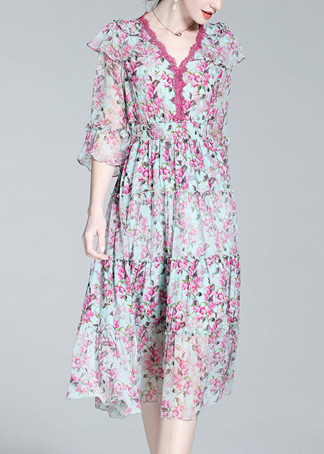 Purple V Neck Print Patchwork Tunic Silk Long Dress Long Sleeve