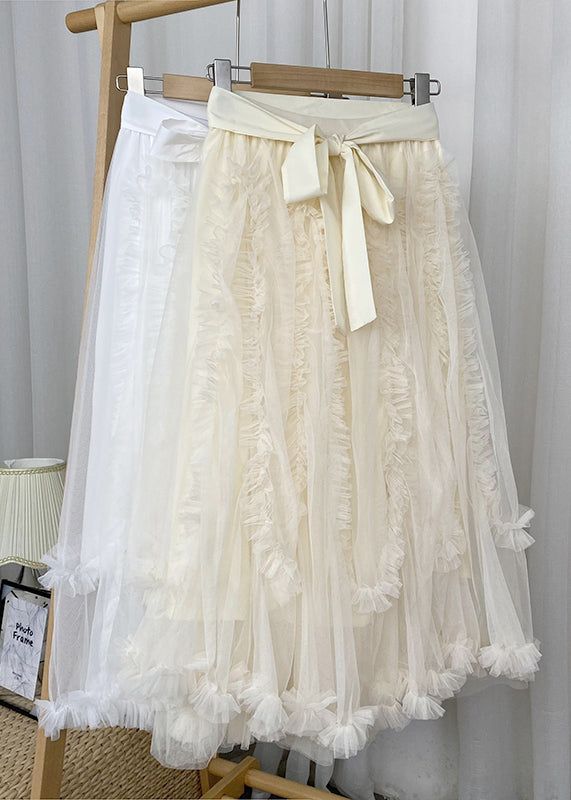 Modern Apricot Ruffled Bow Tie Waist Elastic Waist Tulle a Line Skirts Spring