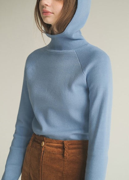 Slim Fit Blue Hooded Knitting Cotton Sweaters Winter