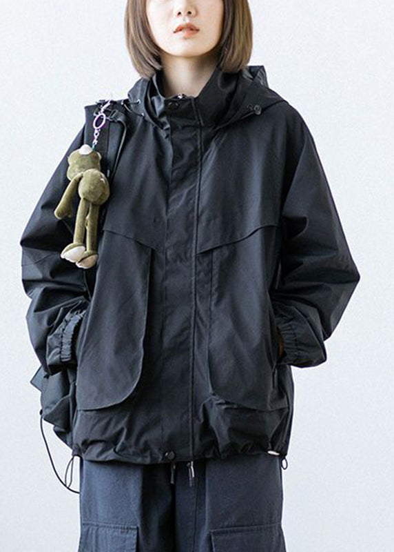 Black Patchwork Button Pockets Zippered Drawstring Hooded Coats Long Sleeve