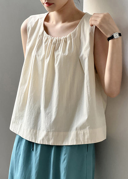 Beige Button Cotton Tops O-neck Summer