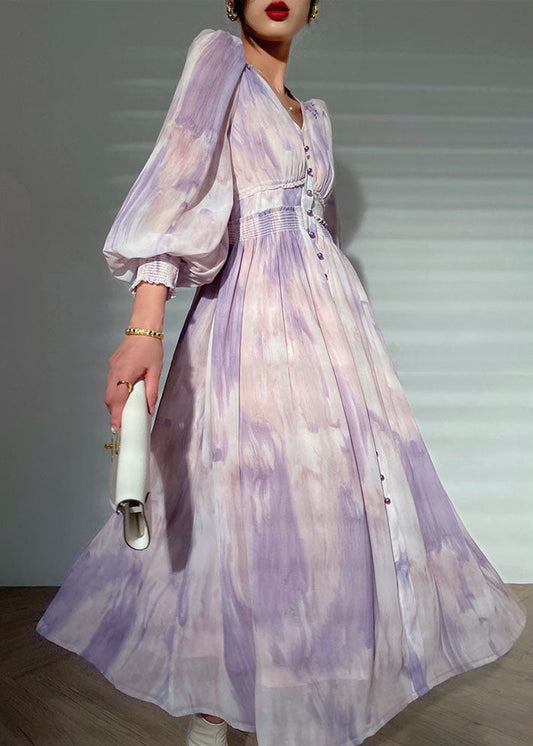Purple V Neck Tie Dye Print Button Silk Long Dress Long Sleeve