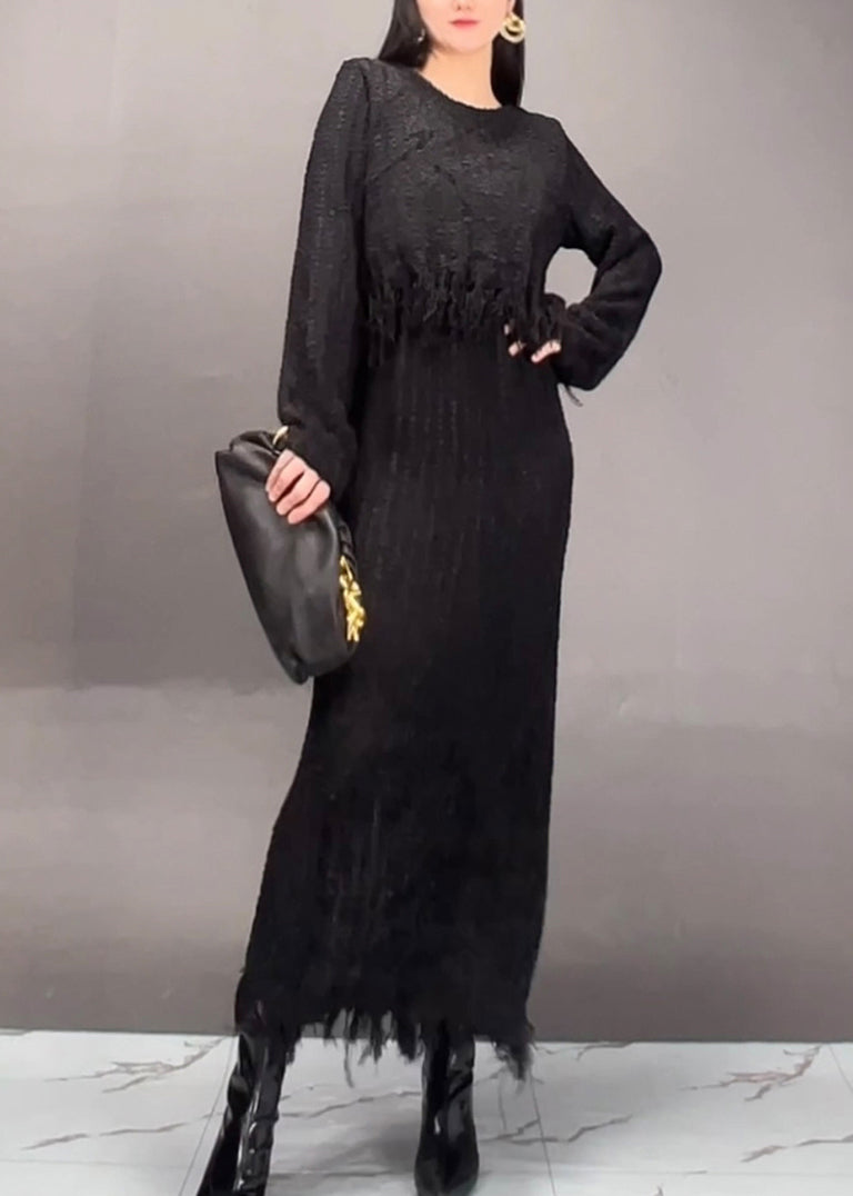 Stylish Brown O-neck Asymmetrical Tassel Top and Maxi Skirts Two Pieces Set Fall