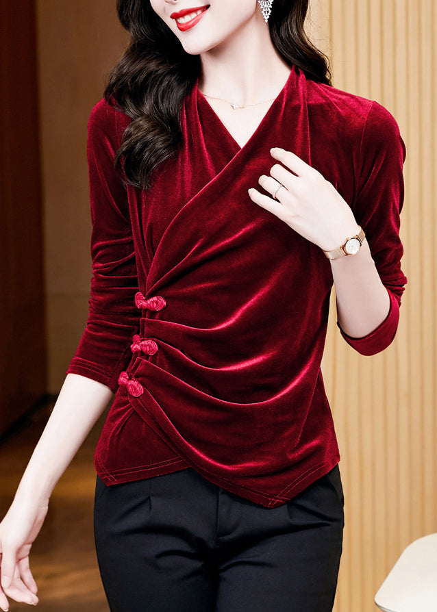 Black Wrinkled Button Silk Velour Tops Long Sleeve
