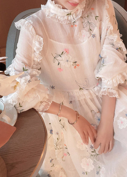 Fitted White Printing Shirts and Maxi Skirts Two Pieces Set Spring