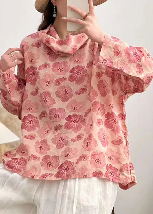 Pink Turtleneck Print Linen Shirt Long Sleeve