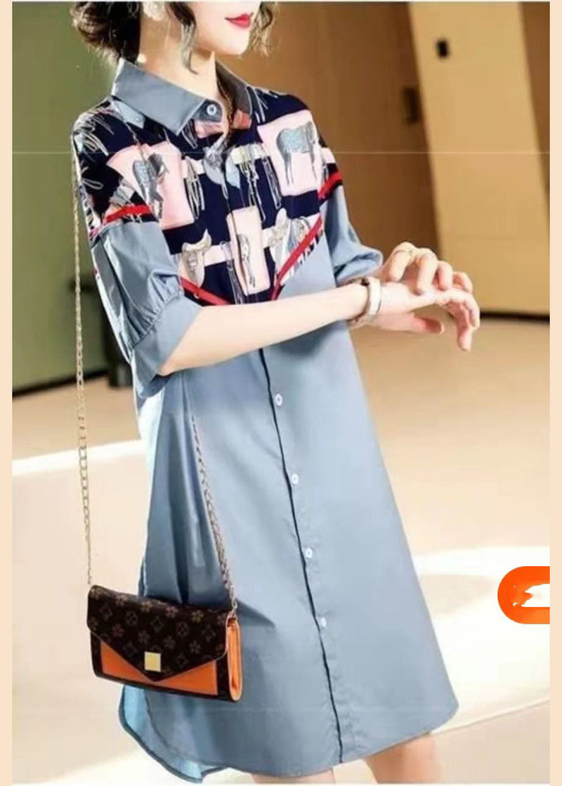 Style Blue Button Peter Pan Collar Print Patchwork Shirt Dresses Half Sleeve