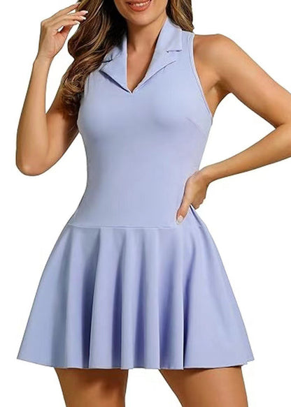Sky Blue Notched Collar Backless Mini Dress One Piece Workout Suit