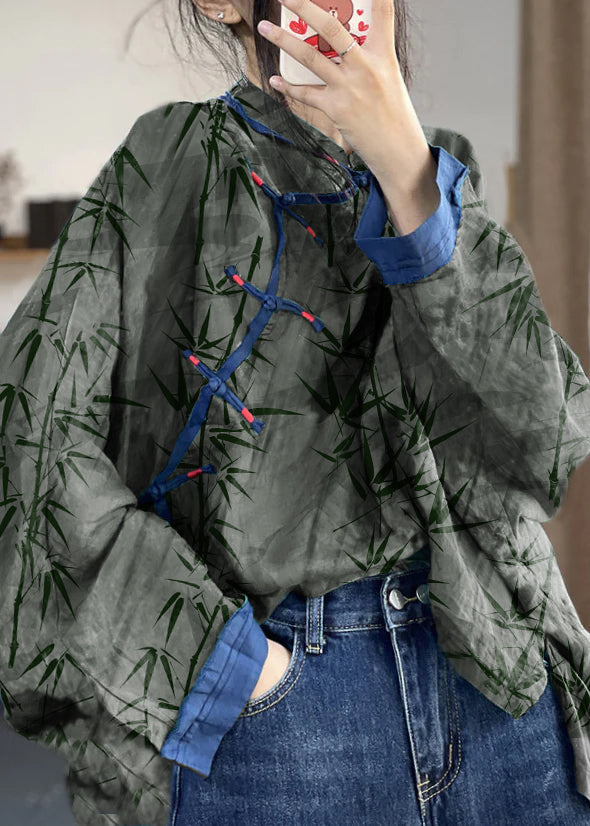 Loose Gray Text Button Print Patchwork Cotton Shirts Long Sleeve