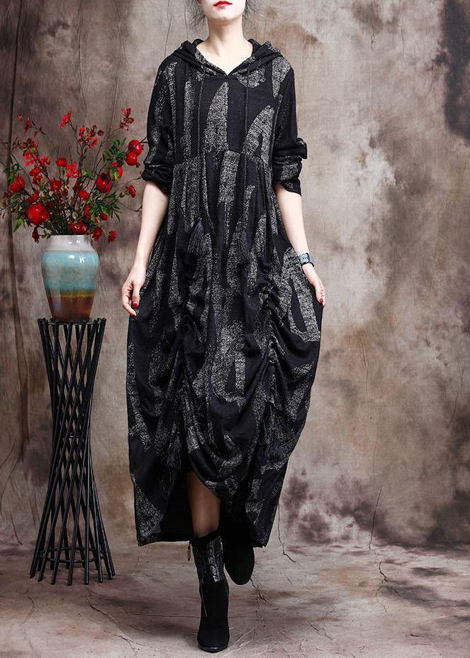 Hoodie Baggy Maxi Dresses Black Print Long Dresses